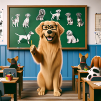 Rasy psów . Pies pokazuje rasy psów na tablicy szkolnej 